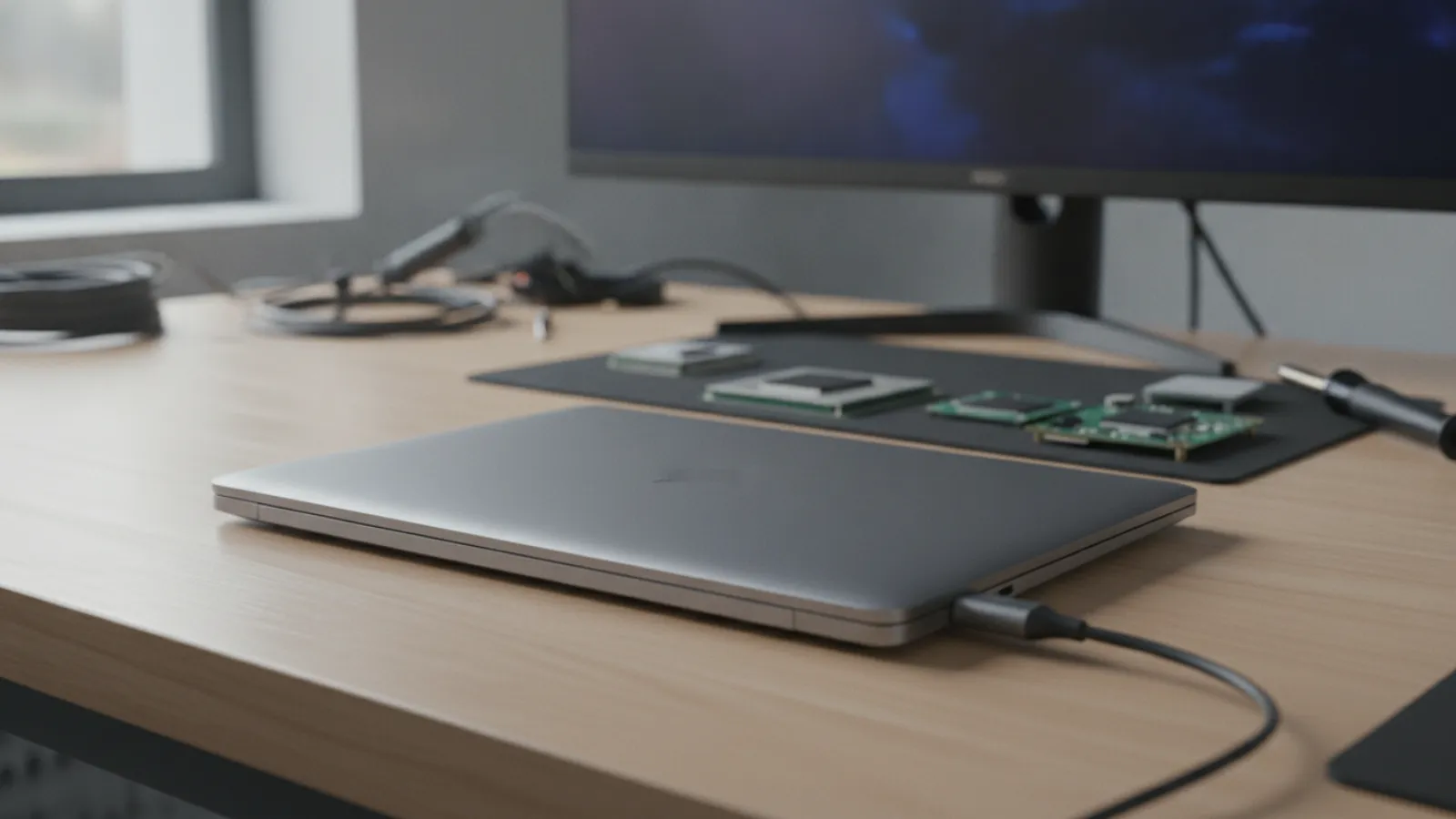 Closed silver laptop on a desk with a charger cable plugged in, soft natural light