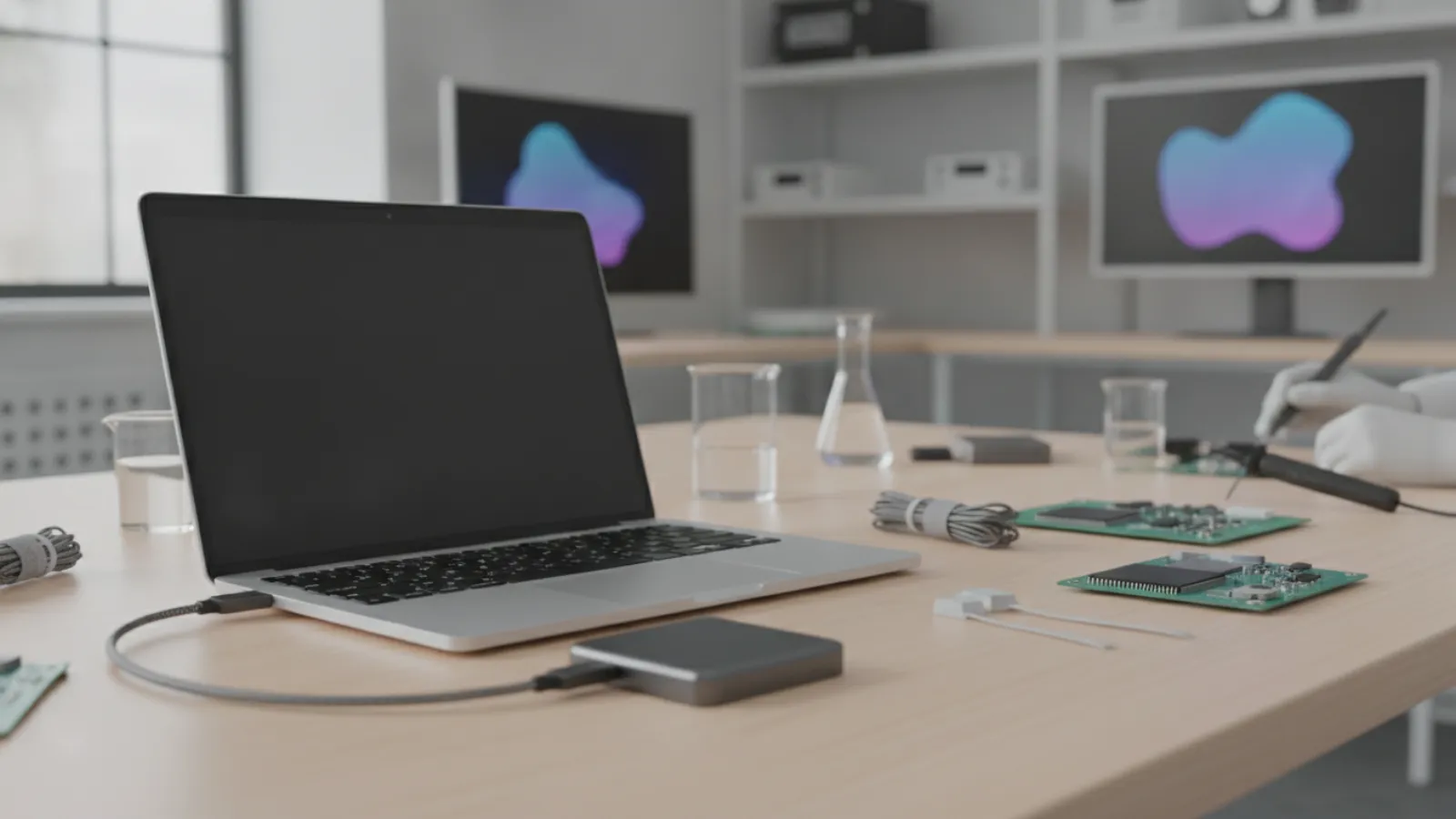 Silver laptop connected to an external drive on a tidy desk