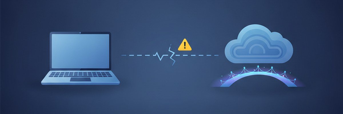 Illustration d'un ordinateur relié à un nuage par une liaison coupée et un pont de remplacement, symbole d'une synchronisation de courriel déviée