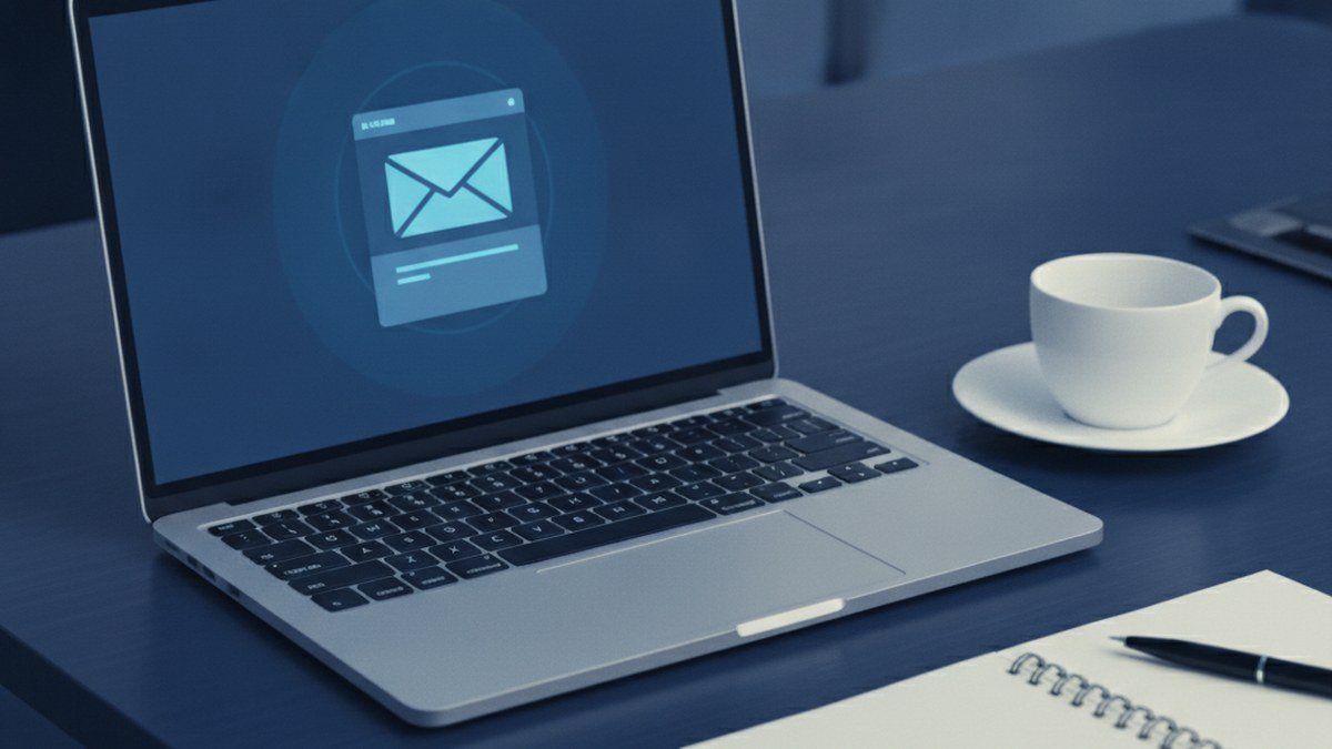 Ordinateur portable Mac affichant une boîte de courriel avec une flèche de synchronisation et un triangle d'avertissement, fin d'EWS pour Microsoft 365