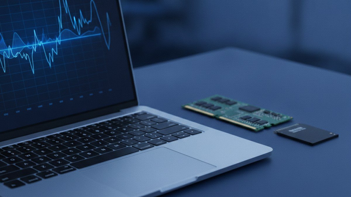 Portable avec un graphique d'utilisation de la mémoire à côté de deux modules de RAM et d'un SSD NVMe, illustrant le manque de RAM, le swap et l'usure du SSD