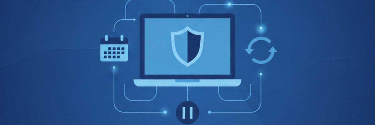 Illustration d'un portable, d'un bouclier, d'un calendrier et d'une flèche de retour arrière pour préparer Windows Update