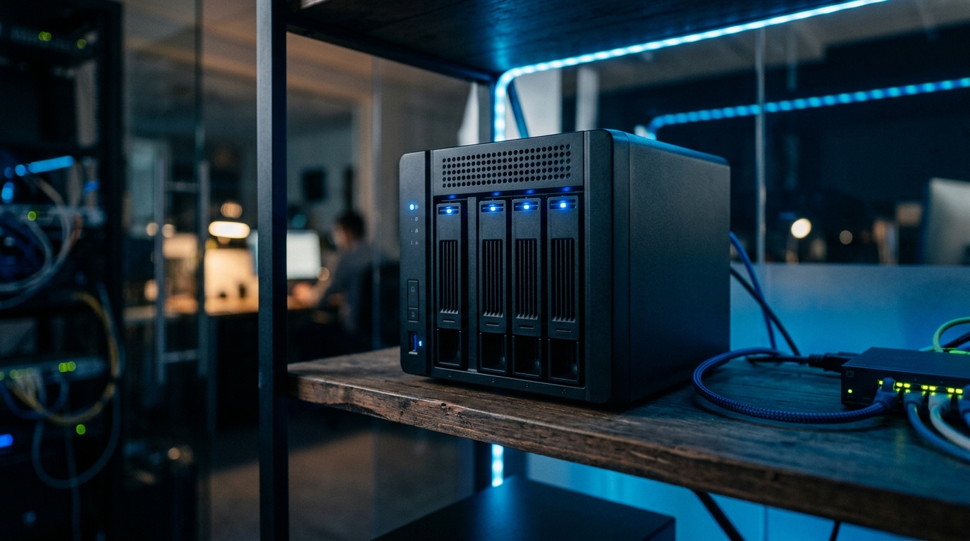 Best NAS for small business 2026 — multi-bay network storage device on an office shelf