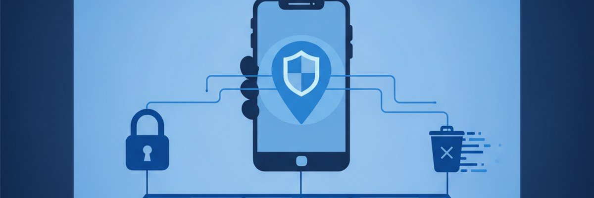 Illustration d'une photo de téléphone avec épingle de localisation, bouclier, cadenas et corbeille représentant le retrait des métadonnées