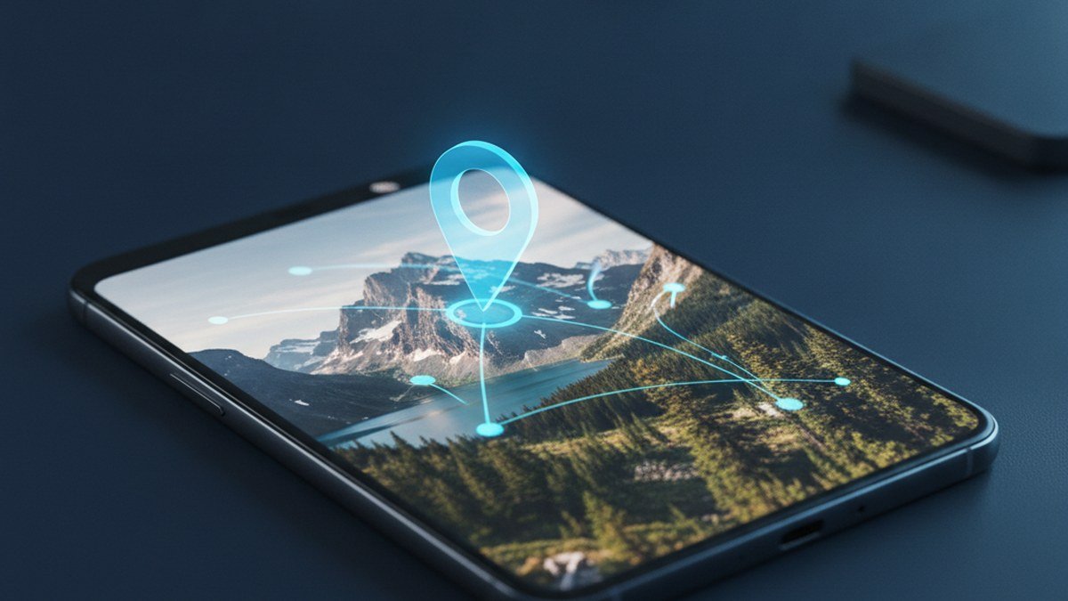 Téléphone pliable ouvert montrant une photo de paysage avec une épingle de localisation, illustrant les métadonnées EXIF et la localisation des photos Samsung Galaxy