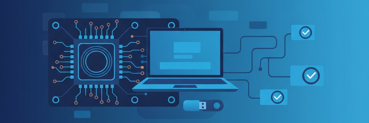 Illustration d'une carte mère avec puce, clé USB, portable et bouclier représentant la récupération du firmware BIOS