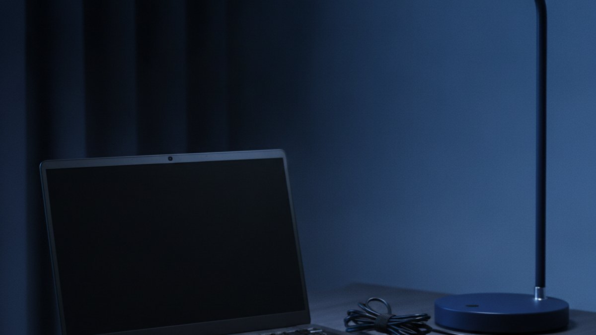Portable noir qui ne s'allume pas, chargeur et clé USB sur un bureau, illustrant l'échec d'une mise à jour du BIOS