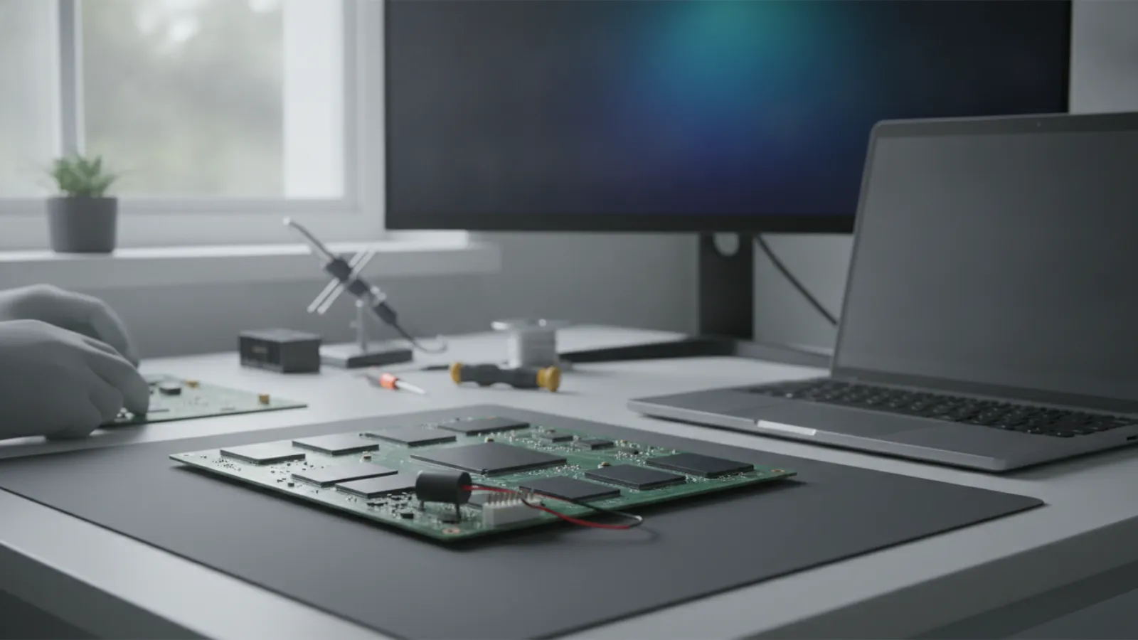PC motherboard on a bench with a small buzzer speaker connected by two wires