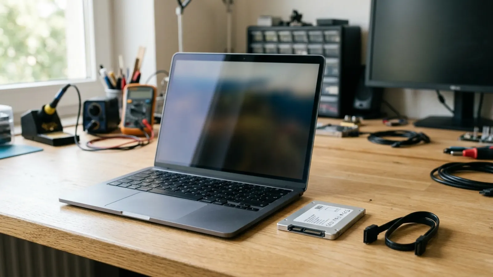 Open laptop on a desk next to a bare SSD drive and a SATA cable