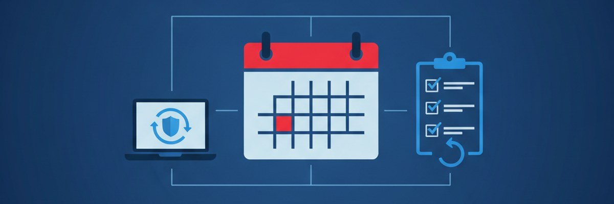 Illustration of a calendar, a laptop with an update shield and a checklist with a rollback arrow for Patch Tuesday preparation