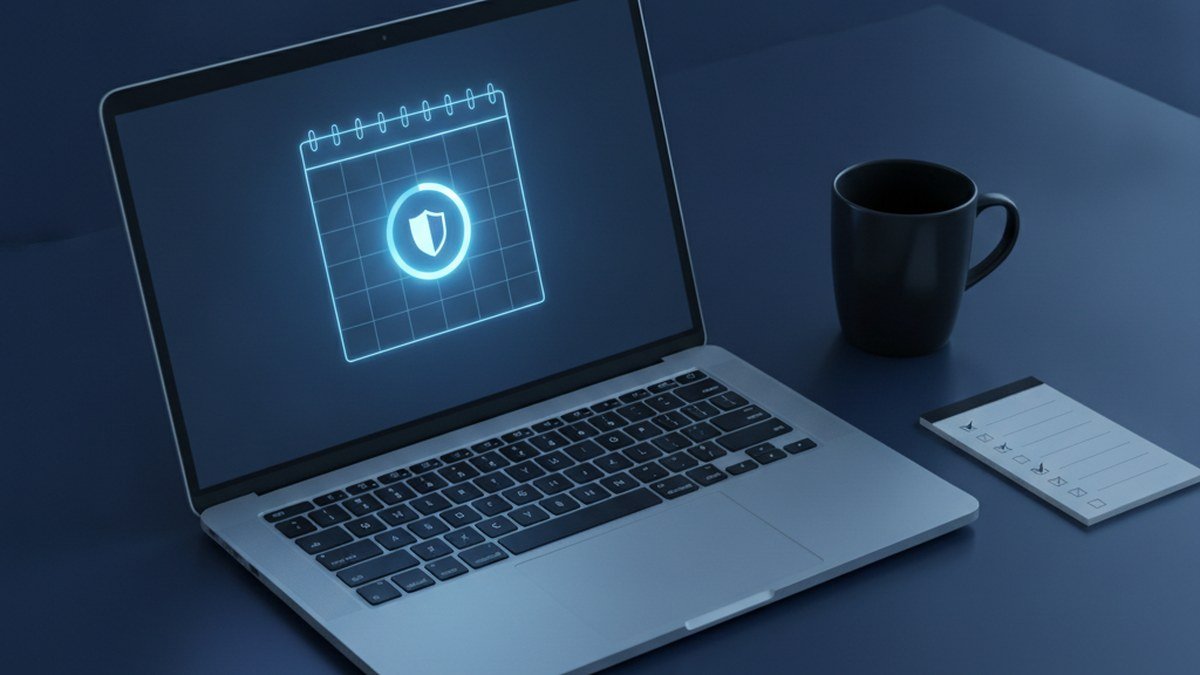 Laptop on a navy desk showing a calendar and update shield, with a printed preparation checklist beside it for Patch Tuesday October 2026