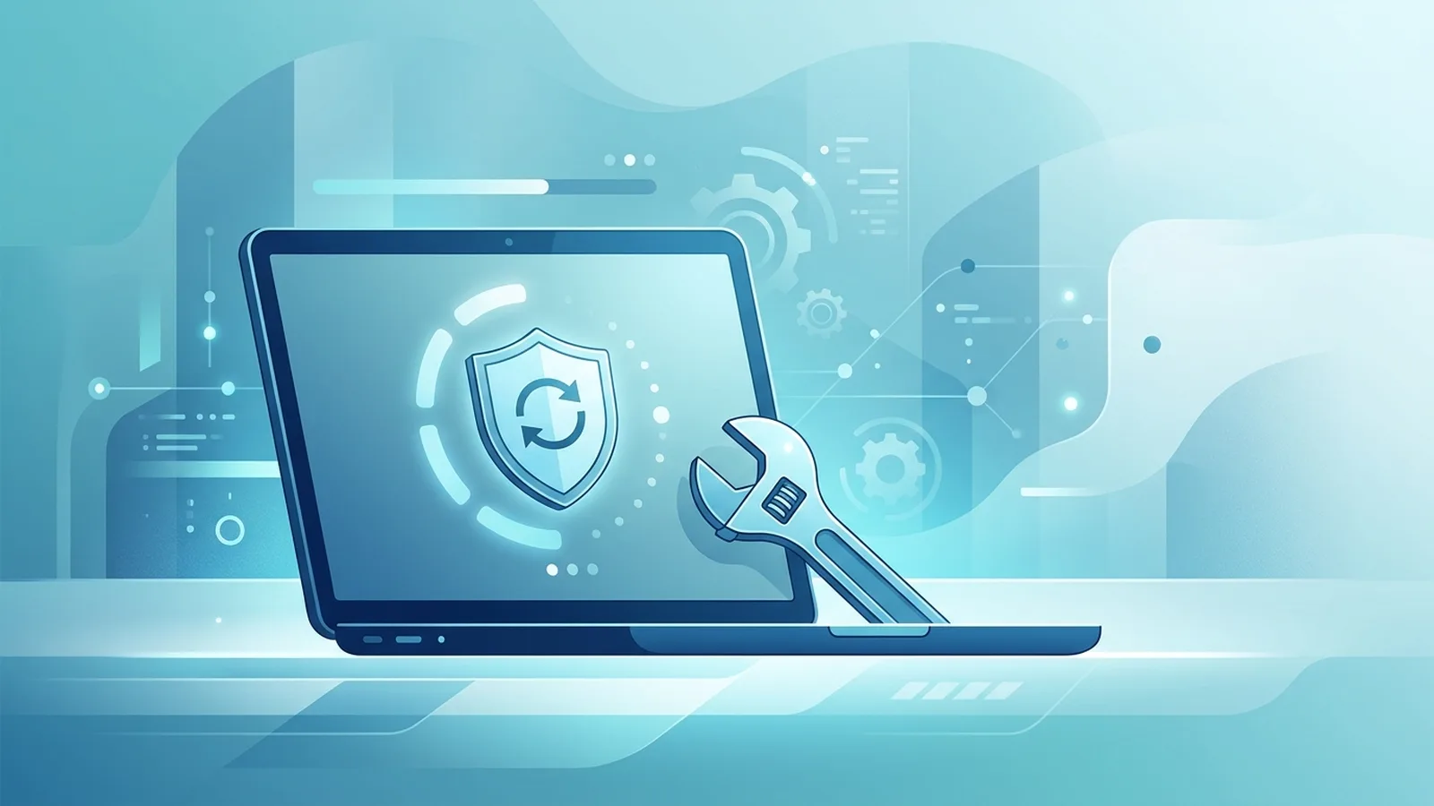 Illustration of a Windows laptop with an update shield and wrench