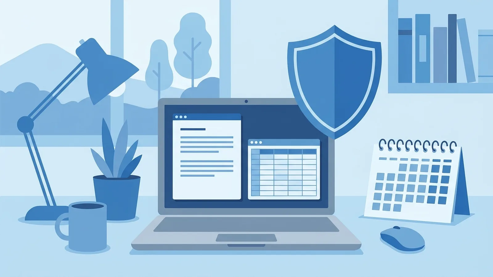 Calm illustration of a laptop with office app windows and a calendar page marking a deadline