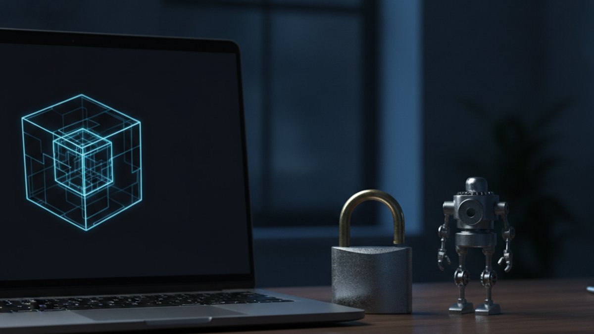 Portable avec cube lumineux, cadenas et petit robot illustrant les risques de sécurité d'OpenClaw, agent IA pour entreprise