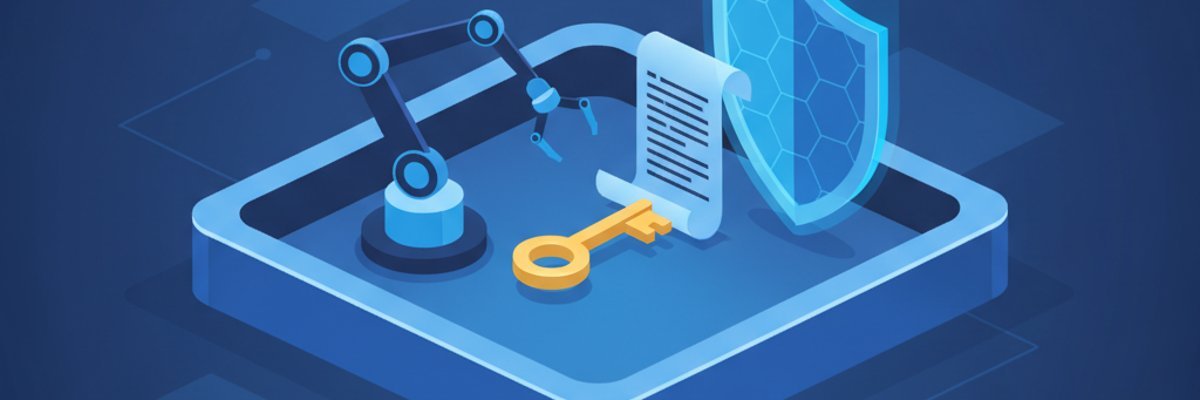 Flat illustration of a sandboxed robot arm inside a box with a shield, key and log file representing safe OpenClaw setup