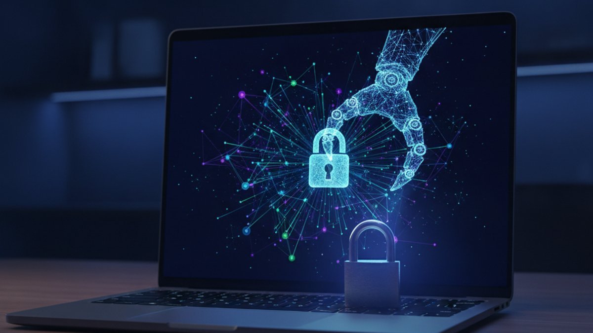 Laptop with a glowing padlock and a claw-shaped light symbol illustrating OpenClaw AI agent security risks for business