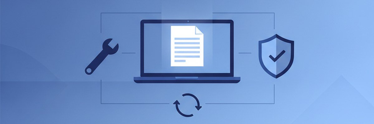 Illustration of a laptop with a document, wrench and repair arrow symbolizing repairing Office apps