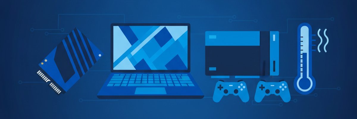 Illustration d'un SSD M.2 avec dissipateur, d'un portable, d'une console et d'un thermomètre