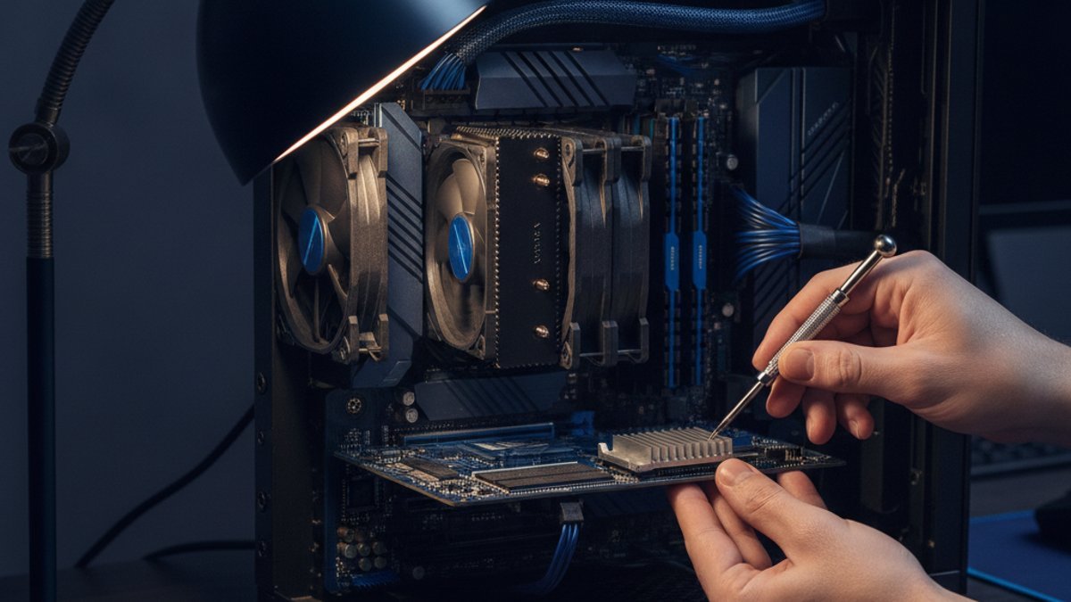 Mains installant un petit dissipateur avec pad thermique sur un SSD NVMe M.2 dans un ordinateur de bureau