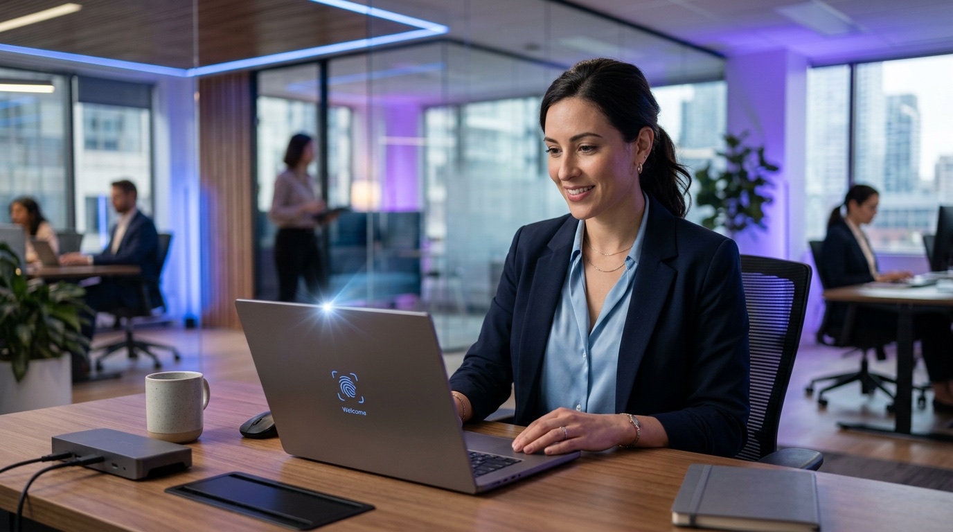 Business professional unlocking a laptop with fingerprint biometric passkey authentication in a modern Canadian office