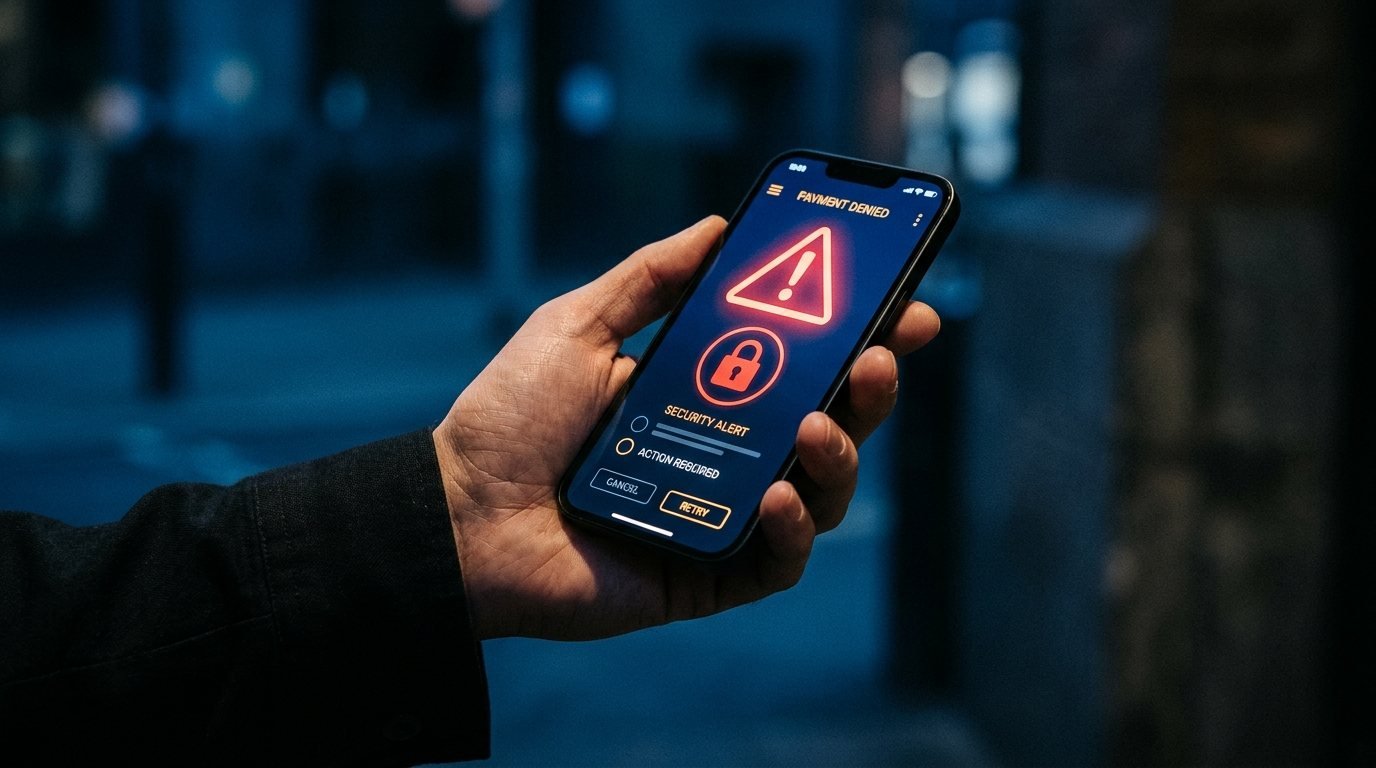 Hand holding a phone showing a payment app with a red warning triangle and padlock, representing a limited or hacked PayPal account
