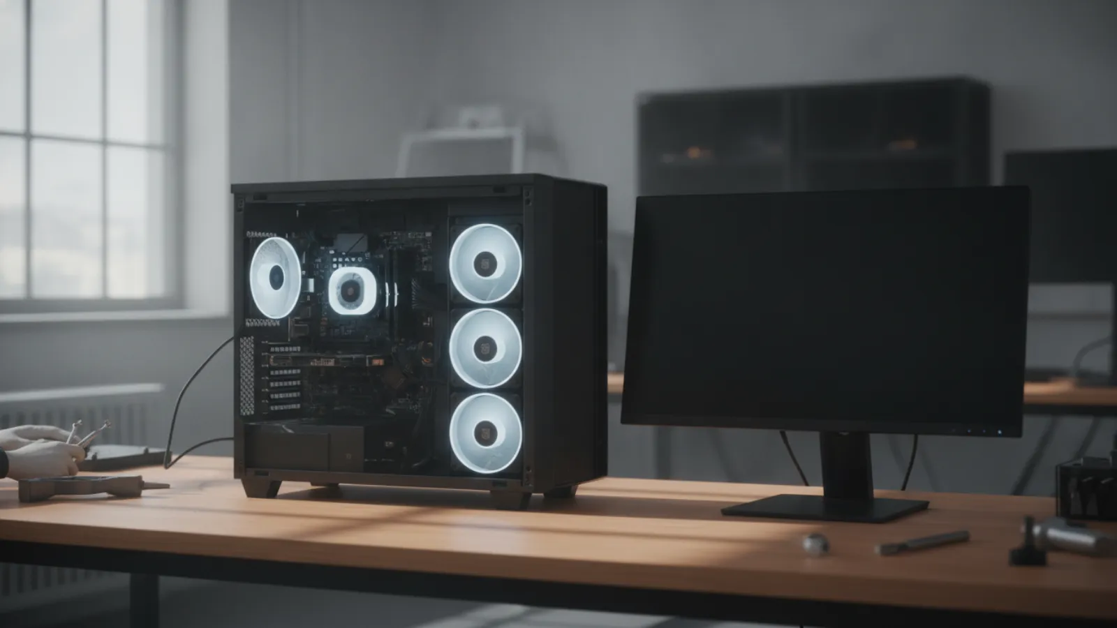 Open desktop PC case with glowing fans beside a monitor showing a black screen