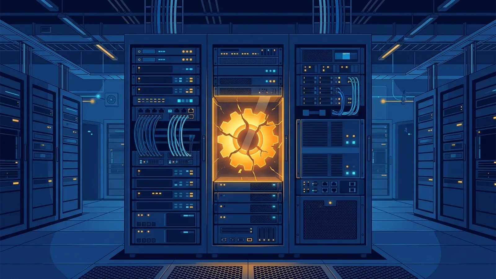 Illustration of a web server with a cracked engine gear symbolizing a critical PHP vulnerability