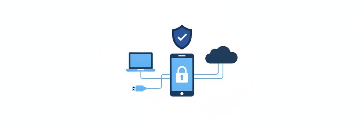 Illustration of a locked smartphone connected to a laptop, a USB cable and a cloud backup under a protective shield