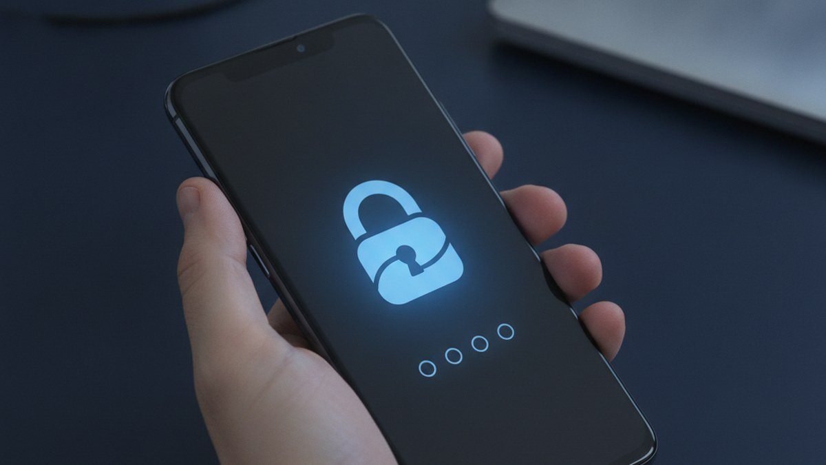 Smartphone in a hand showing a locked screen with a glowing padlock and empty PIN dots after a failed software update