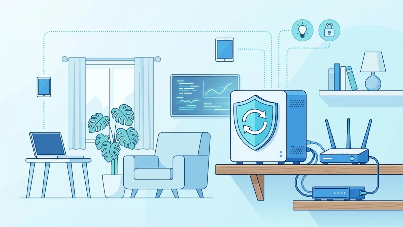 Illustration of a home media server with a shield and update arrow