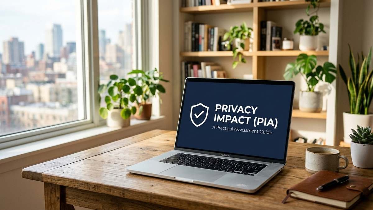 Laptop screen displaying 'Privacy Impact (PIA): A Practical Assessment Guide' with a checklist and shield icon, office desk