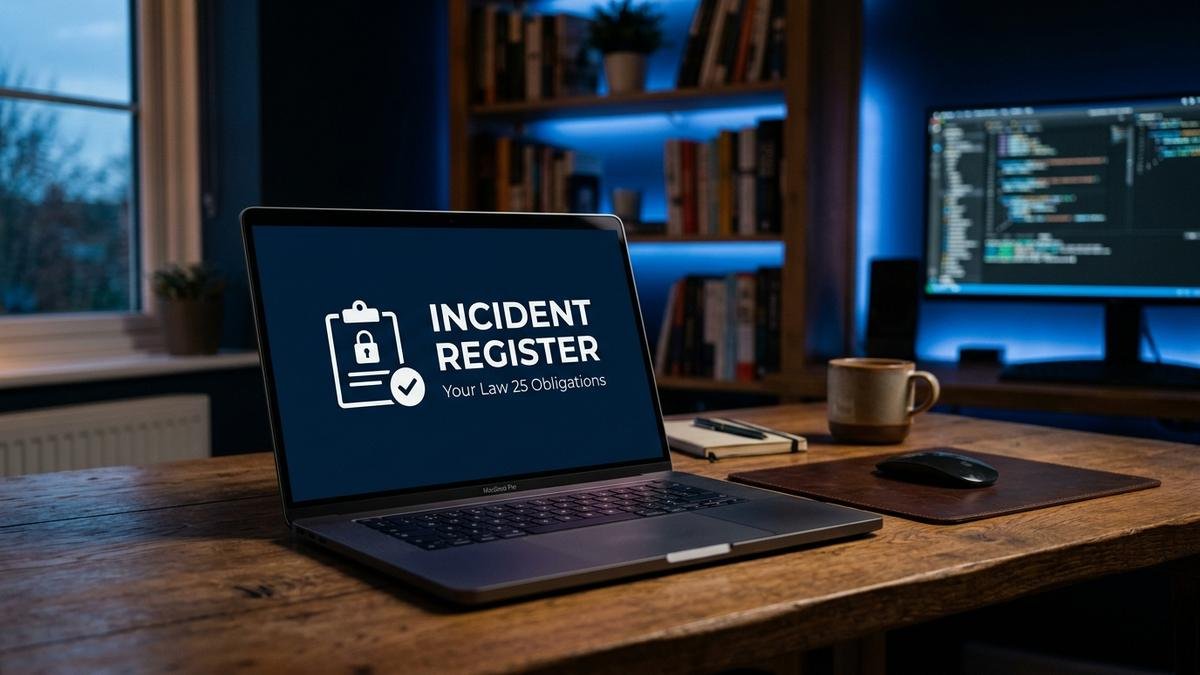 Laptop screen displaying 'Incident Register: Your Law 25 Obligations' with a clipboard and lock icon, home office desk at dusk