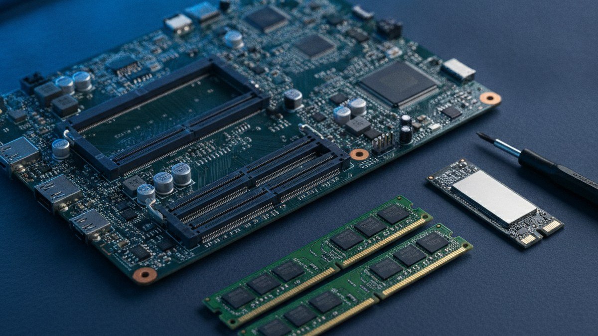 Barrettes de RAM et SSD NVMe posés à côté d'un tournevis sur un établi, pour illustrer la mise à niveau d'un ordinateur