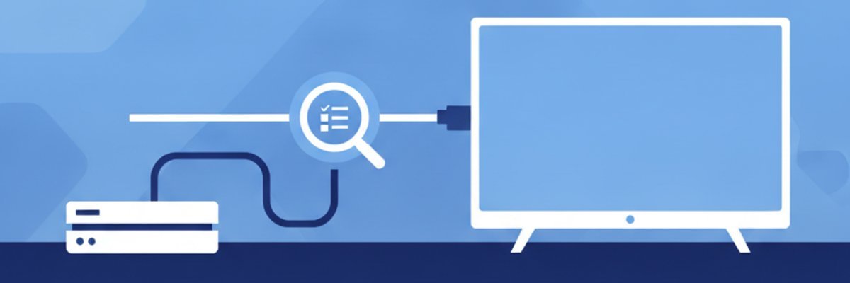 Illustration of a game console, HDMI cable and television connected by a line with a magnifying glass and checklist