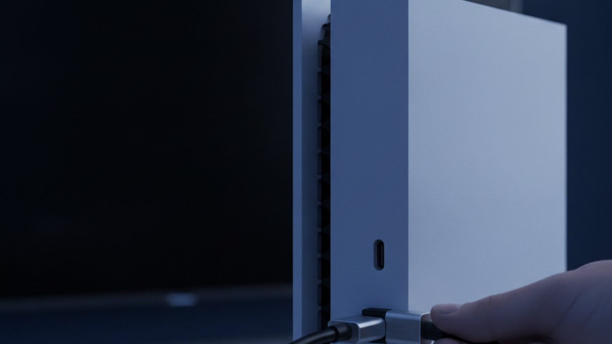 Hand plugging an HDMI cable into the back of a white game console in front of a dark television with no signal