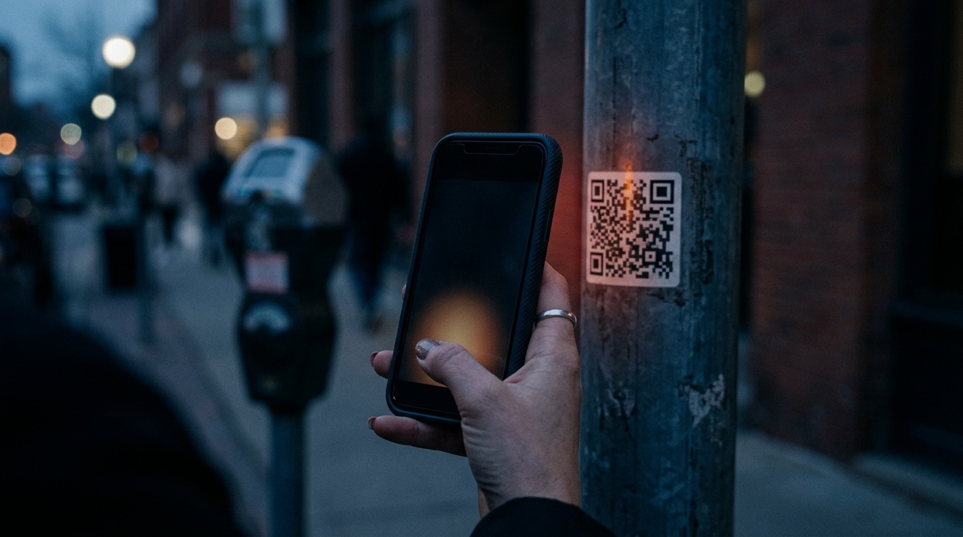 Fake QR code sticker placed over a real parking payment sign — an example of a quishing (QR code phishing) scam