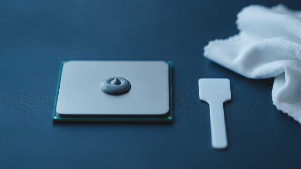 Puce de processeur avec une goutte de pâte thermique grise, un étaleur en plastique et un chiffon sur un établi sombre pour remplacer la pâte thermique