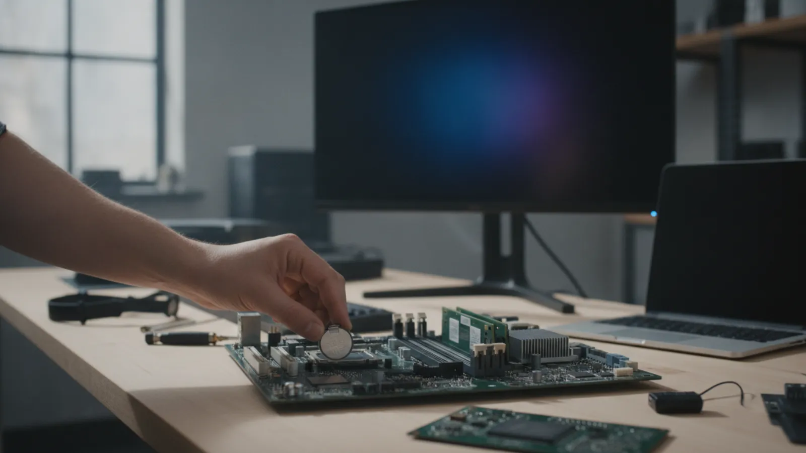 Hand removing a silver coin cell CMOS battery from a PC motherboard