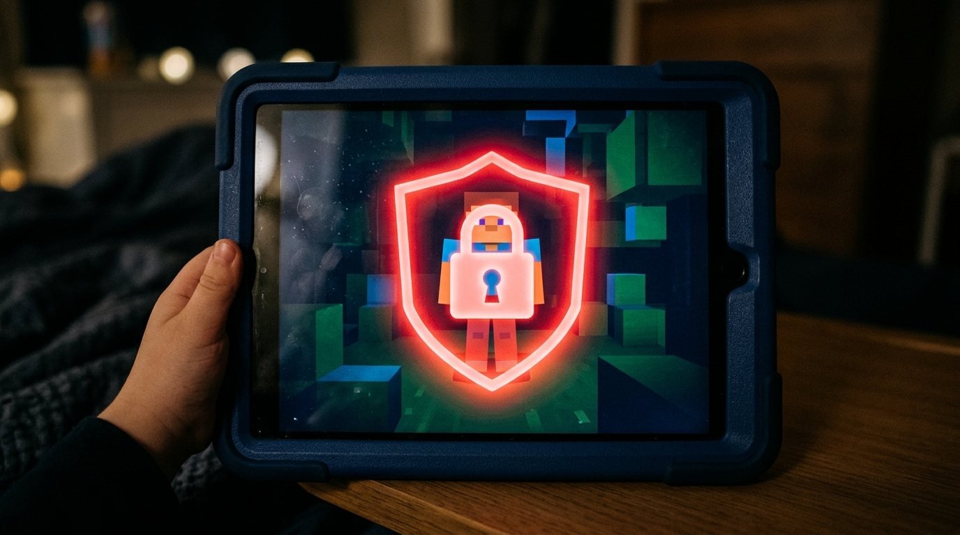 Child's tablet showing a locked game account with a red warning shield, representing a hacked or banned Roblox account