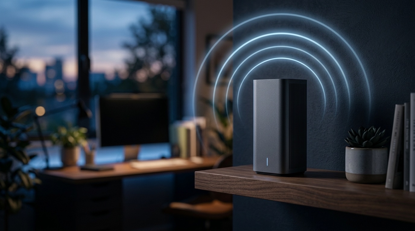 Modern WiFi 6E and WiFi 7 router on a shelf with a soft wireless signal glow, 2026 router upgrade buying guide