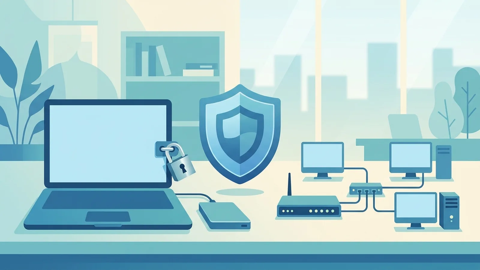 Illustration of a padlocked laptop, backup drive and network shield representing ransomware protection