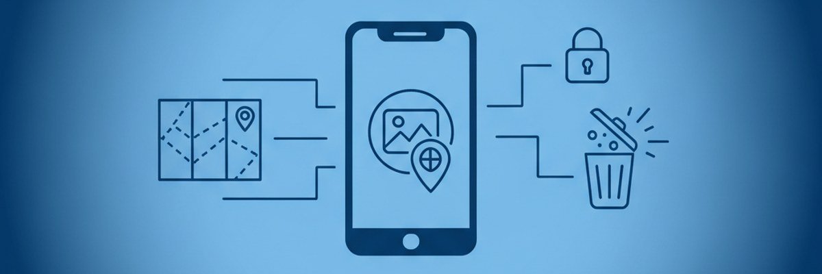 Illustration of a phone photo with a location pin, shield, padlock and trash bin representing removing photo metadata