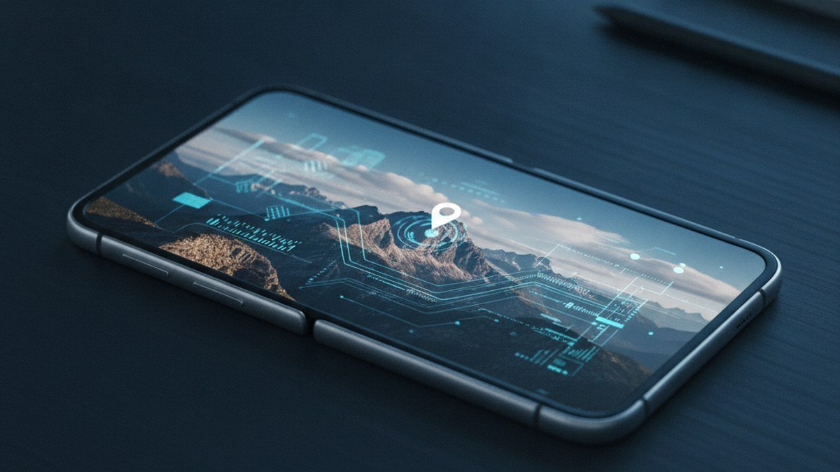 Open foldable smartphone showing a landscape photo with a location pin, illustrating Samsung Galaxy photo metadata and EXIF location data