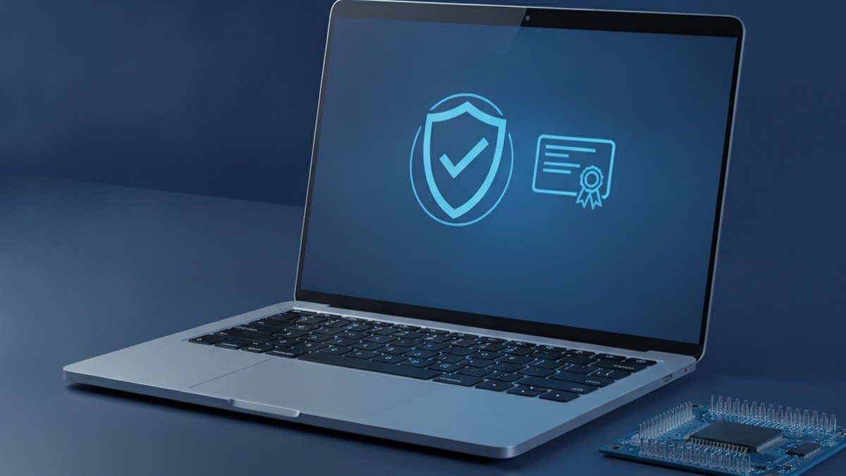Laptop with a blue shield and digital certificate icon representing the Secure Boot certificate expiry in 2026