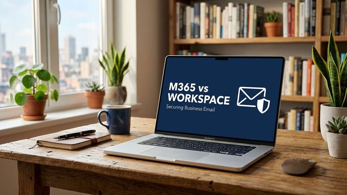 Laptop screen displaying 'M365 vs Workspace: Securing Business Email' with an envelope and shield icon, office desk