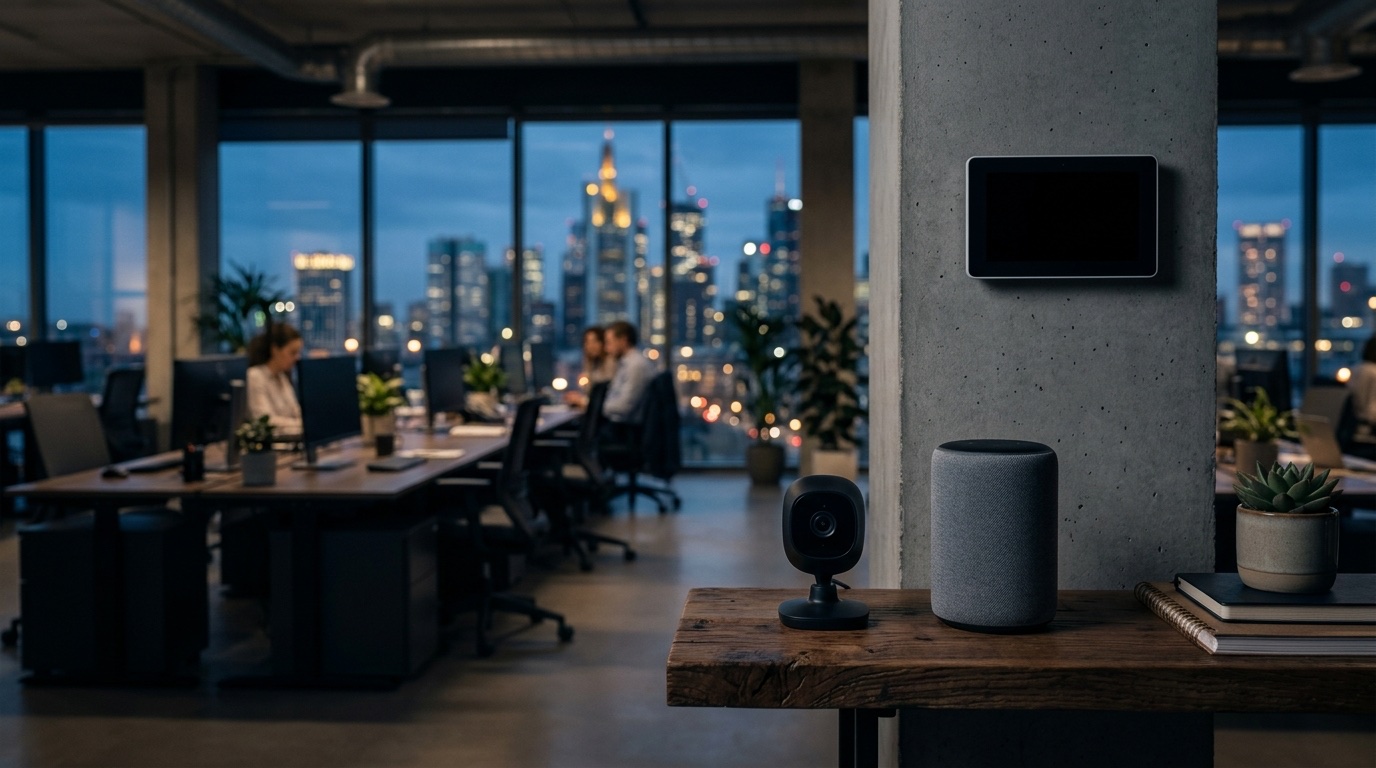 Office IoT devices — a connected security camera, a smart speaker, and a wall-mounted smart thermostat visible in a modern workspace