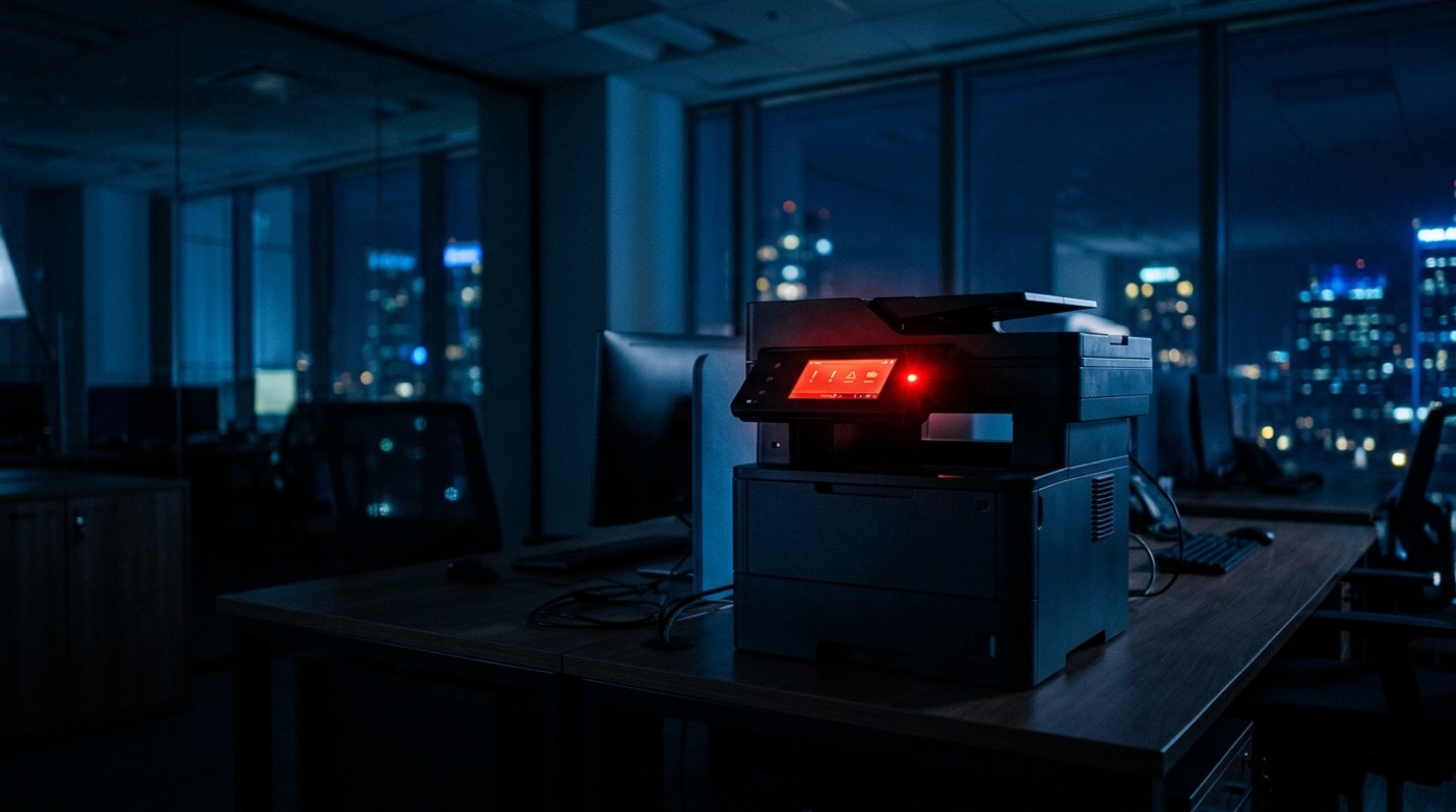 Office network printer with a red warning light signalling a cybersecurity hacking risk for Canadian businesses