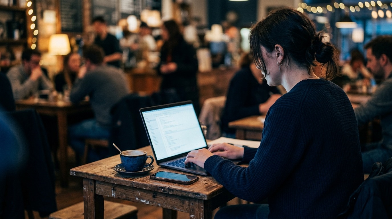 Remote worker typing on a laptop at a table in a busy coffee shop, moody navy-toned editorial photograph
