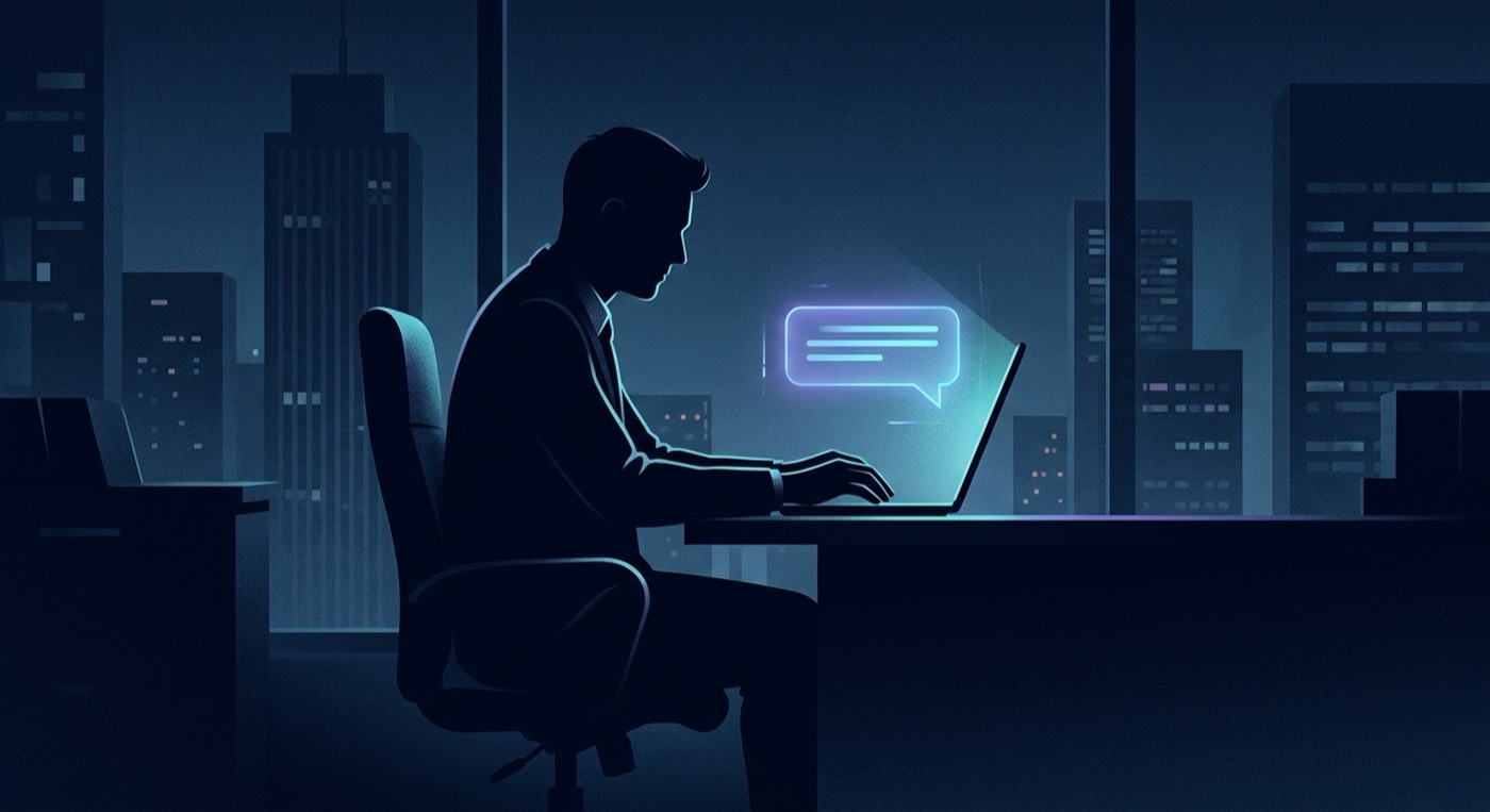 Silhouette of an employee working late on a laptop with a glowing AI chat bubble in the background, illustrating hidden use of unapproved artificial intelligence tools at work