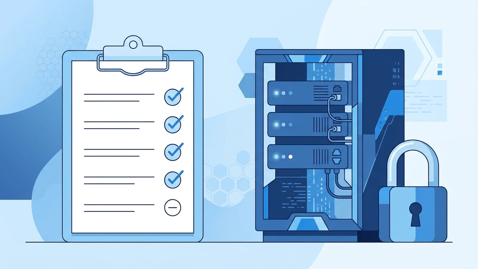 Illustration of a checklist next to a web server and a padlock
